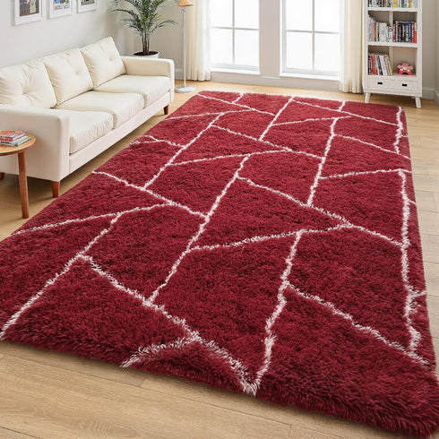 5x7 Area Rugs for Living Room Bedroom, Washable Non-Slip Feet Red White Throw Rug, Soft Plush Shaggy Fluffy Geometric