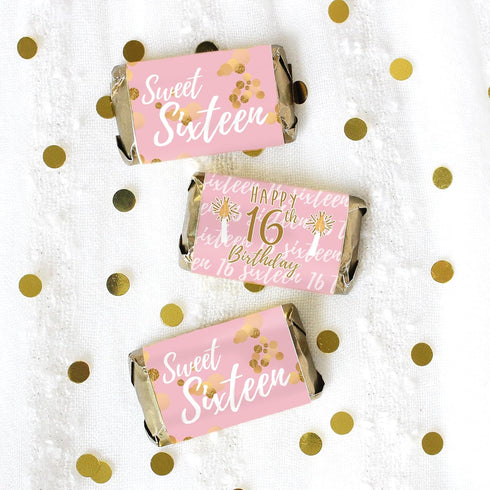 Pink and Gold Sweet 16 Birthday Party Mini Chocolate Candy Bar Wrappers - 42 Count, Sweet Sixteen Party Favor