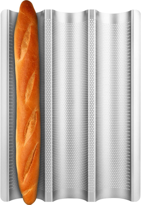 Nonstick Baguette Pan, 3 Slots Perforated French Bread Baking Mold, Silver