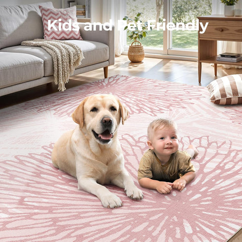 5x7 Pink Rugs for Bedroom Girls: Modern Large Washable Cute Boho Floral Pattern Area Rug Soft Indoor Floor Non-Slip Low