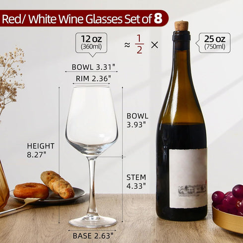 Long Stem Wine Glasses Set of 8, 12oz Clear Red/White for Party, Wedding and Home by SHYRC