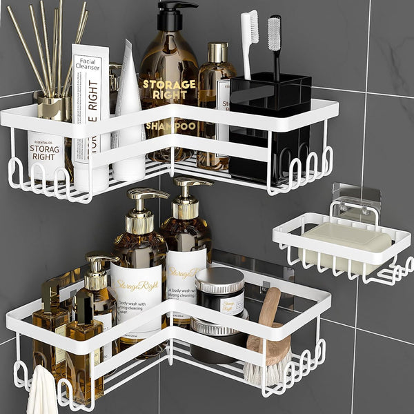 StorageRight Corner Shower Caddy, 3 Pack Adhesive Bathroom Accessories with Soap Holder,
