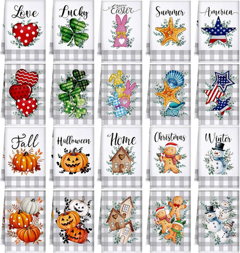 FuWeave 20 Pcs Holiday Kitchen Towels Seasonal Decorative Hand Towels Set Christmas