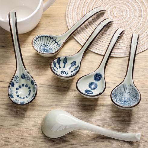 Ceramic Soup Spoons Set of 6, Long Handle Japanese Ramen Spoon for Dumpling, Noodles, Miso, Chinese Wonton