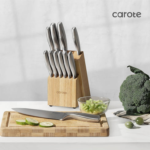 12-Piece Set, Set, CAROTE Knife All-Stainless Steel Knife Block Kitchen Knives with Wooden Block, Razor-Sharp