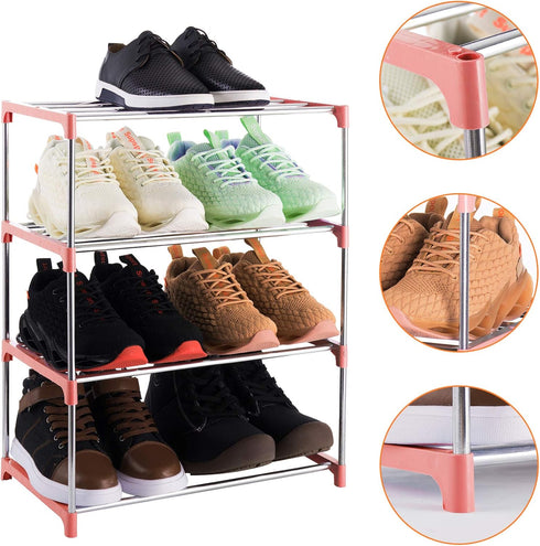4-Tier Stackable Small Shoe Rack, Lightweight Storage Organizer for Entryway, Hallway & Closet (Pink)