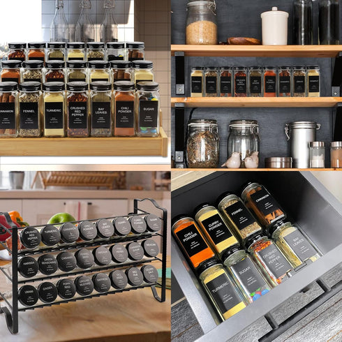 AISIPRIN 24 Pcs Glass Spice Jars with 398 Labels, 4oz Empty Square Spice Containers with Shaker Lids, Funnel, Brush and