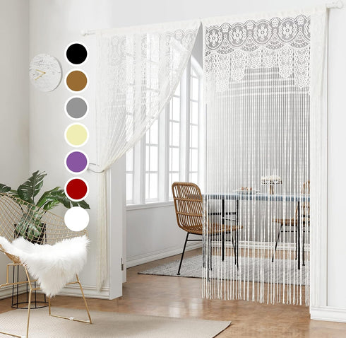 String Door Privacy Lace Curtain - Macrame Boho Doorway Window Curtains for Decorative Room Separation (White)