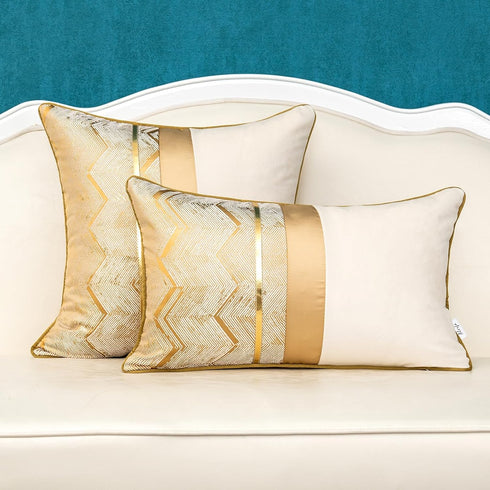 Alerfa 12 x 20 Inch Khaki White Geometric Striped Gold Leather Patchwork Velvet Cushion Case for Couch Sofa