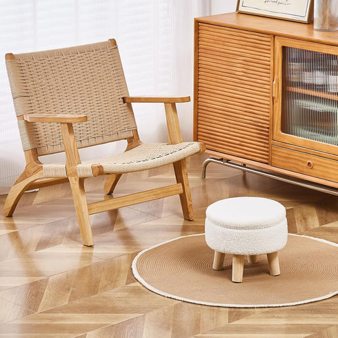 Wimarsbon Storage Ottoman, Modern Round Footrest with Soft Padded Seat, Teddy Velvet Footstool with Wood Legs, Accent