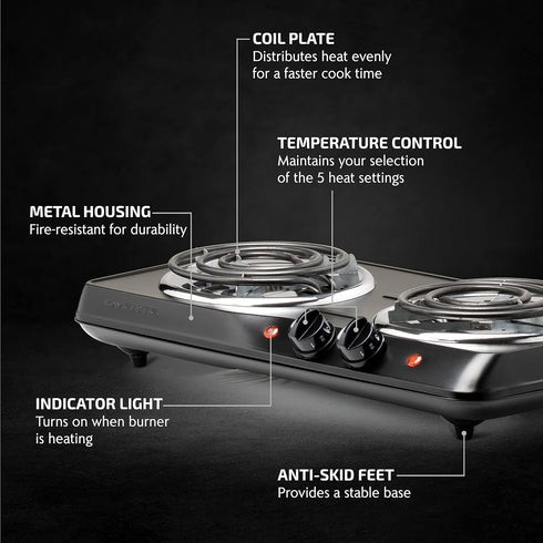 OVENTE Electric Countertop Double Burner, 1700W Cooktop with Stainless Steel Coil Hot Plates, Black