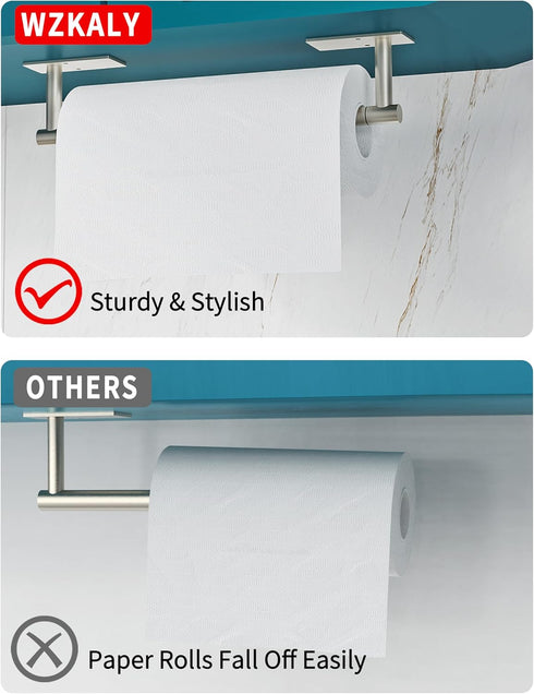 Paper Towel Holder Under Cabinet, SUS304 Stainless Steel, Self Adhesive or Wall Mounted (2 Towel Hooks, Silver)
