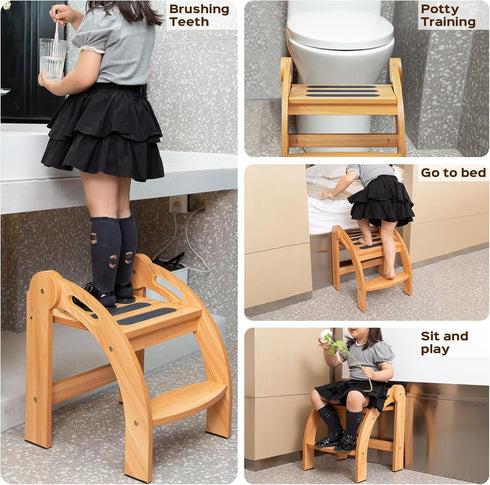 12-Inch StrongTek Kids Step Stool with Handrails, Foldable Safety Stool, Wide Non-Slip Surface, Wooden Step Ladder