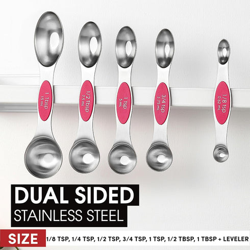 Spring Chef Pink Stainless Steel Magnetic Measuring Spoons Set of 8 with Leveler for Baking and Cooking Ingredients