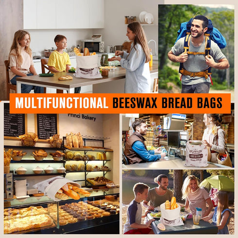 2 Pack, 17x13 Inch 17x13 Inches Beeswax Bread Bags Reusable Large Bread Storage Bags with Secure Buckle, Natural Cotton