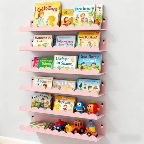 Nursery Book Shelves Set of 6, Pink Metal Floating Shelves for Wall,