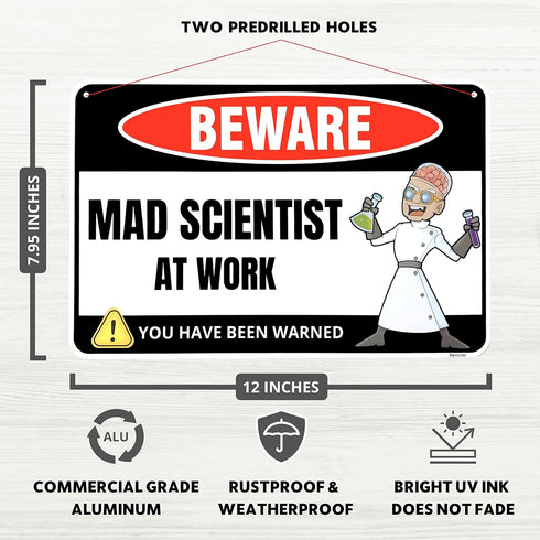 Venicor Mad Scientist Sign Decor - 8 x 12 Inches - Aluminum - Classroom Science Decorations - Cool Chemistry Laboratory Gift Poster Room Wall Art Stuff