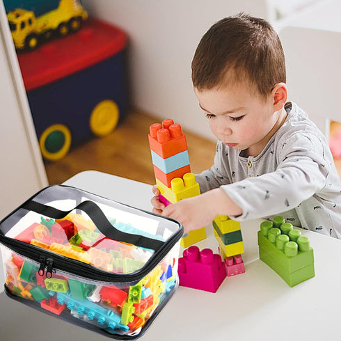 4 Packs Clear Toy Storage Bags, 9.4 x 6.7 x 4.3 Inch Transparent PVC Organizing Bags with Zipper for Small Toys (Black)