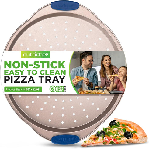 NutriChef 13-Inch Non-Stick Pizza Tray with Silicone Handle, Round Steel Pan with Perforated Holes, Champagne Gold