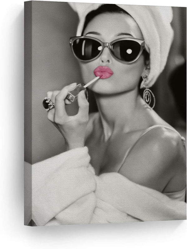Audrey Hepburn Wall Art Makeup Pink Lipstick Canvas Print, Iconic Pop Art Home Decor, 12x8