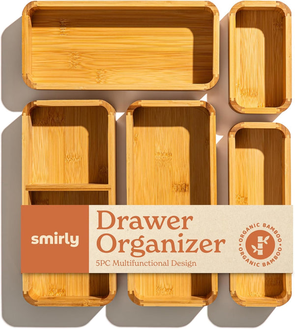 SMIRLY 5-Piece Bamboo Kitchen Drawer Organizer Set for Multi-use Storage Box for Utensils and More