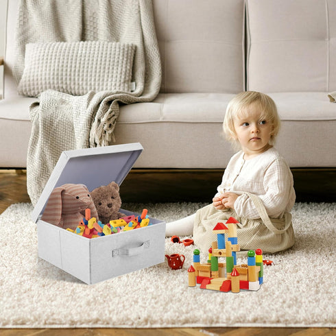 Set of 3 Light Grey Collapsible Storage Bins with Lid, Stylish Closet Organizers for DVD Storage (14.2" L x 12.6" W x
