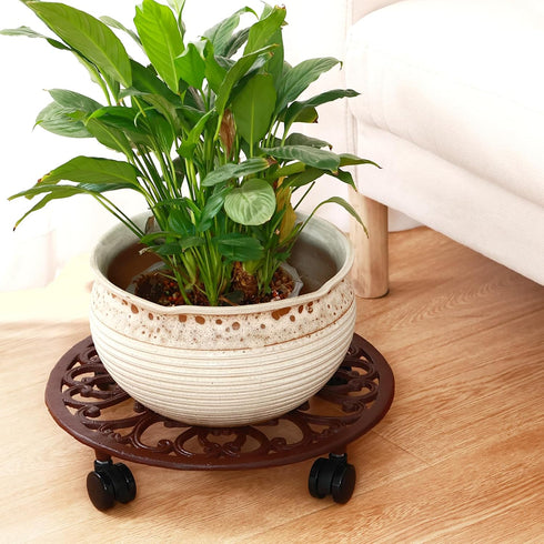 1 Packs 14 Inch Rolling Plant Stand with Wheels Metal Plant Caddy with Wheels Heavy Duty Round Plant Stand Indoor Iron
