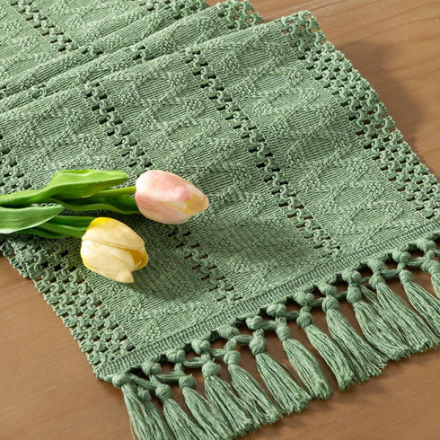 Socomi Sage Green Boho Table Runner Macrame Long Easter Spring Farmhouse Woven
