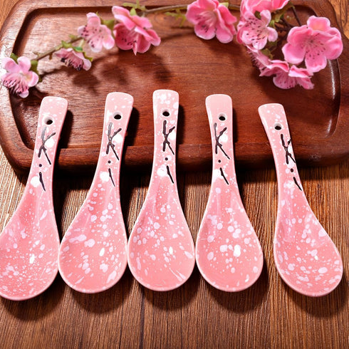 Japanese Soup Spoons Set of 5 - Pink Ceramic Spoons for Soup, Ramen, Pho, Gravy, and Dumplings