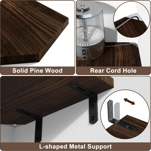 Set 2 Alsonerbay Corner Shelf Wall Mount, of Floating Corner Shelves with Cord Hole, Rustic Wood Shelves for TV