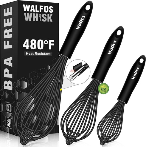 Walfos Silicone Whisk Set of 3, Stainless Steel Wire Kitchen Whisks for Non-Stick Cookware