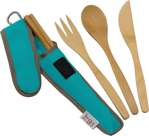 Reusable Bamboo Travel Utensils with rePETe Carrying Case & Carabiner Clip, Eco Friendly (Pack of 2)