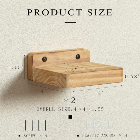 Set 2 4Inch Freezing point Small Floating Shelf for Wall of Natural Wood Mini Wall Shelves Decor Plant Display