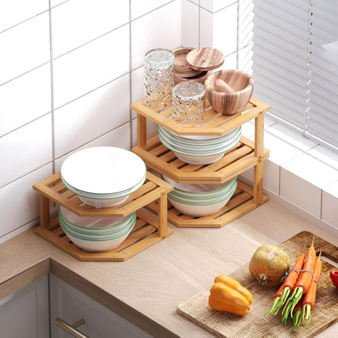 Shelf(3 Pack),2 Countertop,Pantry VERTORGAN Bamboo Corner Tier Plate Organizer for Cabinet and Dish and Spice Rack