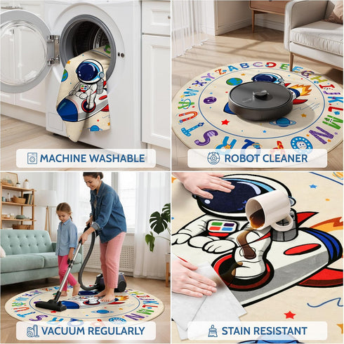 4ft, ABC Kids Alphabet Round Rug Washable Soft Circle Nursery Rug, Non-Slip Educational Carpet with Space Astronaut