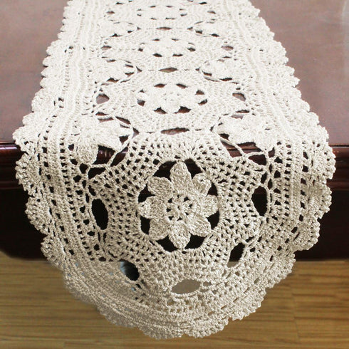 KEPSWET Cotton Floral Oval Handmade Crochet Lace Table Runner, Beige (12x60 inch)