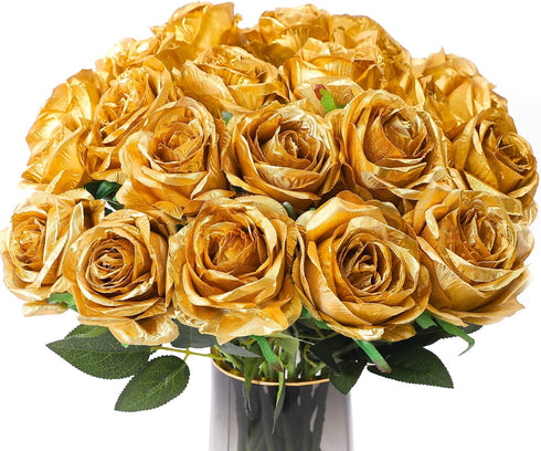 Veryhome 10 Pcs Gold Silk Roses - Artificial Bridal Wedding Bouquet, Real Touch Floral Decor for Christmas Party