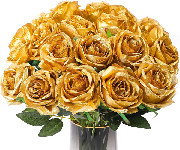 Veryhome 10 Pcs Gold Silk Roses - Artificial Bridal Wedding Bouquet, Real Touch Floral Decor for Christmas Party