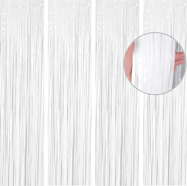 BTSD-home 4 Pack 3x 8ft White Foil Fringe Curtain Backdrop, Party Streamers Decorations for Metallic Photo Booth,