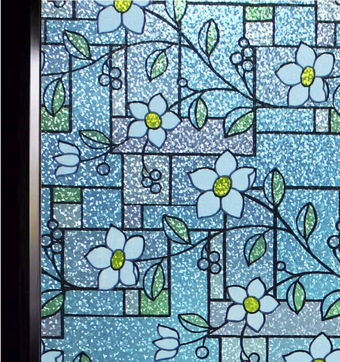 DUOFIRE Stained Glass Window Film, Color Flower Pattern, Decorative Glass Film, No Glue, 17.7in. x 78.7in.
