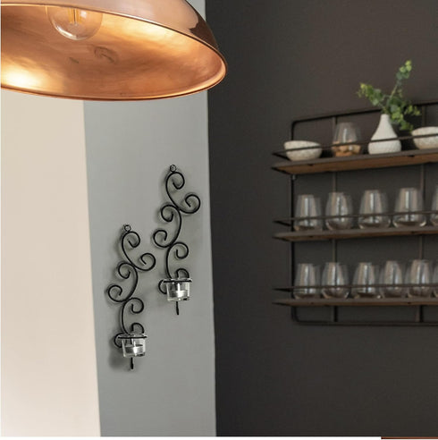 Set 2, 2 Lilys Home Deco Swirl Wall Sconce Tea Light Candle Holders, Steel, Black, of with Clear Glass Tealight Candle