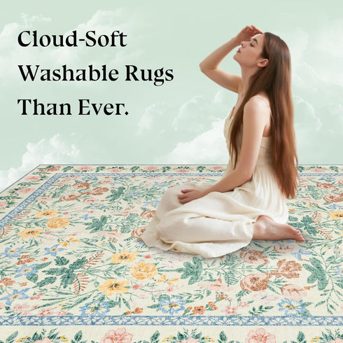 5x7 Boho Area Rugs: Floral Washable Rugs for Living Room Bedroom Nursery Girls Room Decor - Soft Non-Slip Carpet
