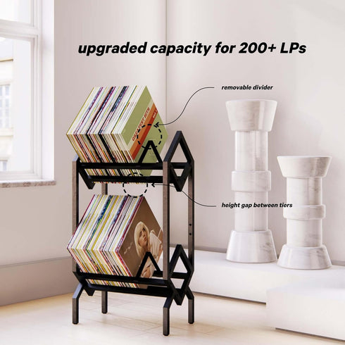 Double Layer Vinyl Record Storage Shelf, LP Record Holder for 160-200 LPs, Ideal for Albums, Matte Black