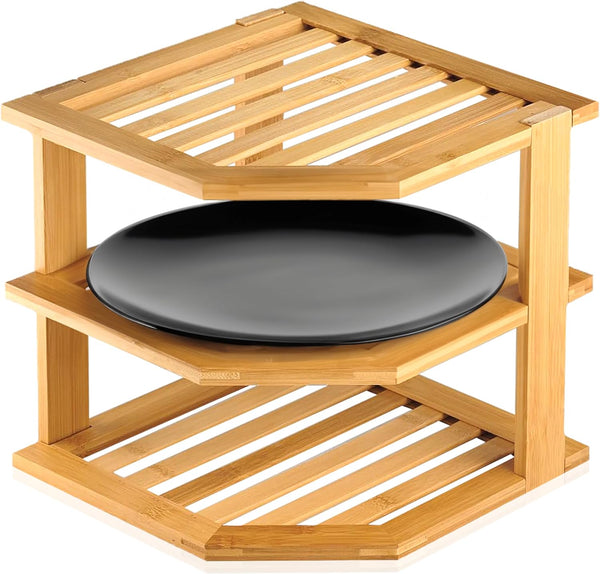 RoyalHouse Bamboo 3-Tier Corner Shelf Organizer - Space Organizer for Kitchen and Bathroom Countertop