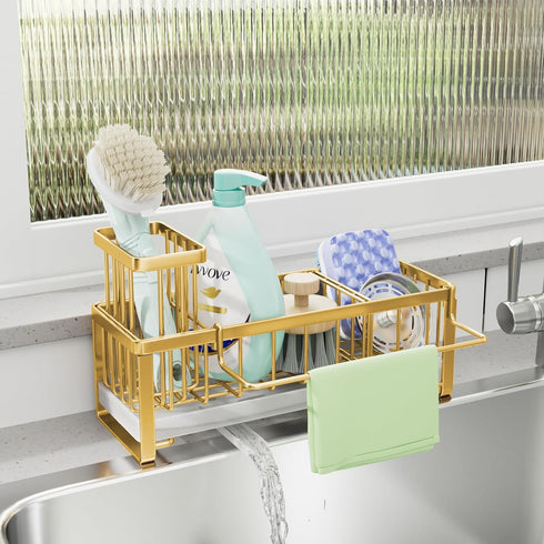SWTYMIKI Sponge Holder for Kitchen Sink, Self-draining Caddy Organizer with Divider for Countertop (Gold)