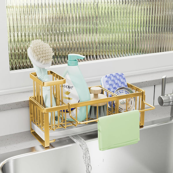 SWTYMIKI Sponge Holder for Kitchen Sink, Self-draining Caddy Organizer with Divider for Countertop (Gold)