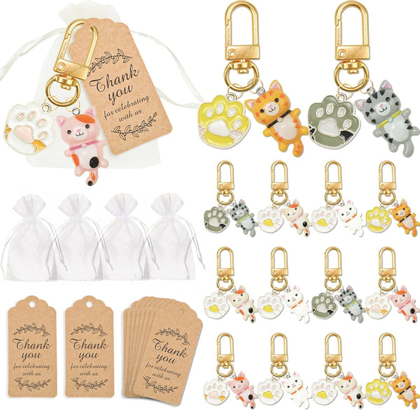 12 Pack Cat Party Favors, Cute Hanging Keychain Decoration with Organza Bags, Thank You Kraft Tags for Birthday Party