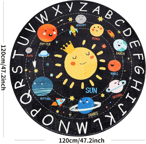 Rug,4 Round ABC Kids Ft Soft Circle Alphabet Playroom Rug,Washable Non-Slip Solar System Kid Play mat,Space Educational