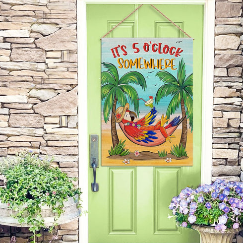 Welcome Summer Parrot Bird Decorative House Flag, It's 5 O'clock Somewhere Beach Coastal Tropical Palm Tree Garden Yard