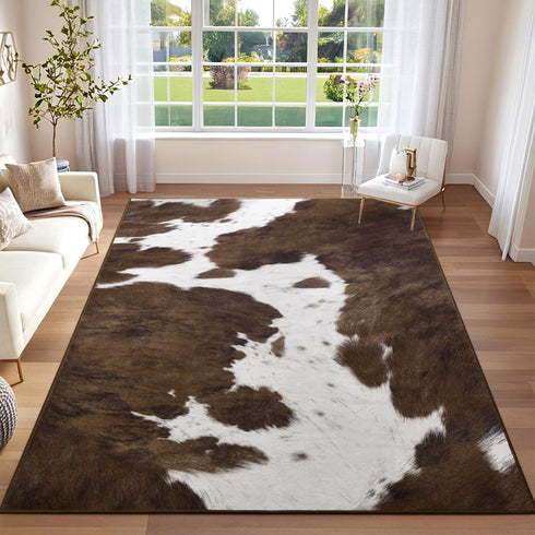 4x6 DweIke Cow Print Rugs for Living Room, Soft Brown Faux Animal Cowhide Area Rug, Washable Non-Slip Stain Resistant